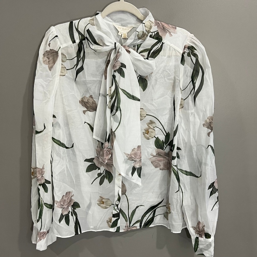 Ted Baker Elderflower Organza Blouse Women 4 White NWT Floral Bow Neck Blouse